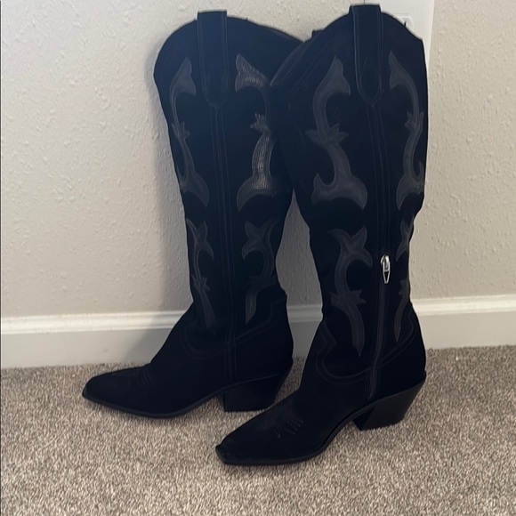 Shoes - Black Heeled Boots with Decorative Stitching